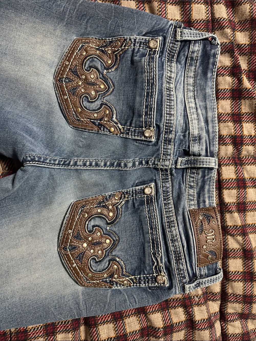 Miss Me Blue Boot Cut Jeans with Brown Embroidered Back Pockets